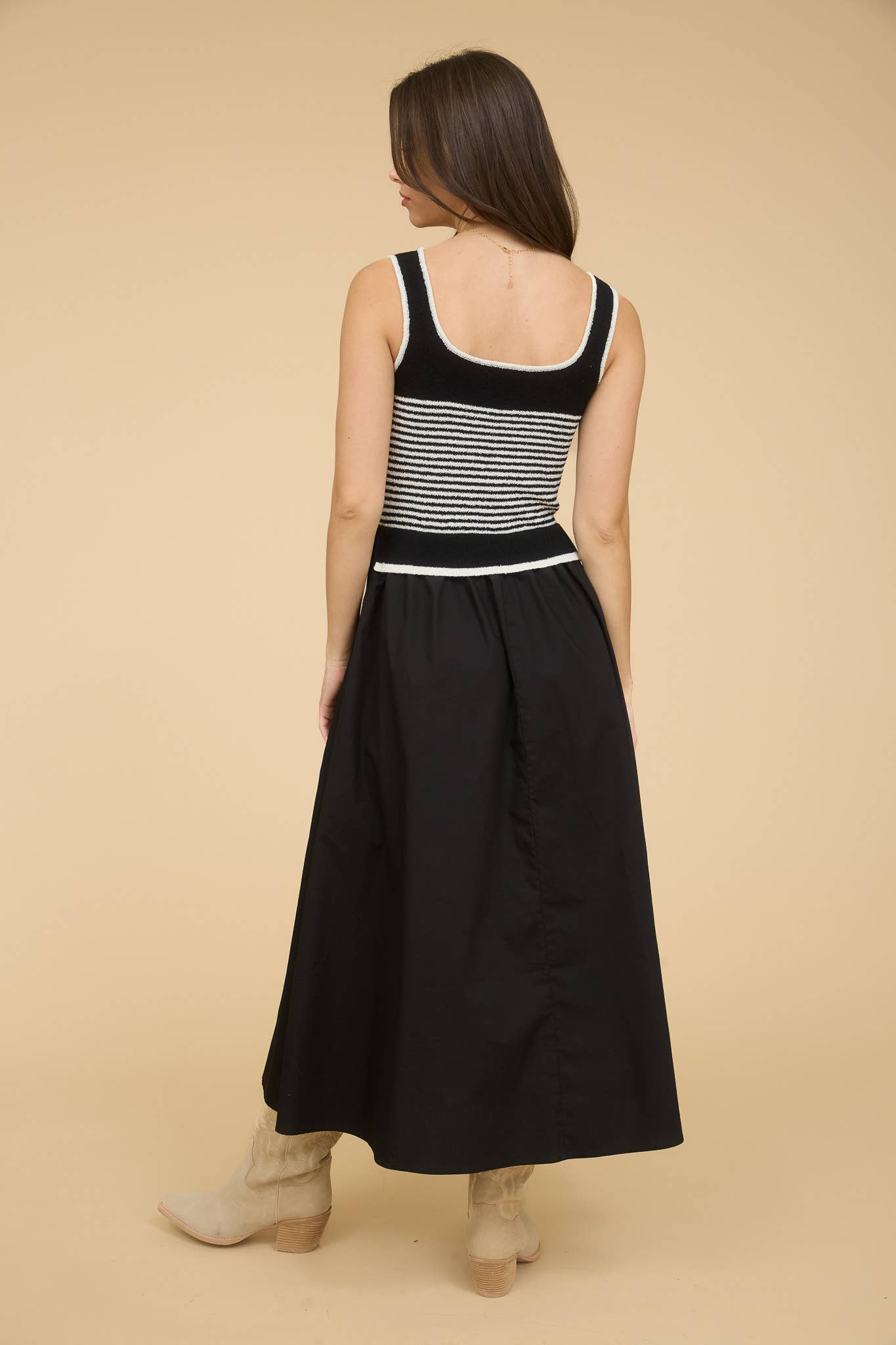 STRIPE SWEATER TANK WOVEN SKIRT MIDI DRESS