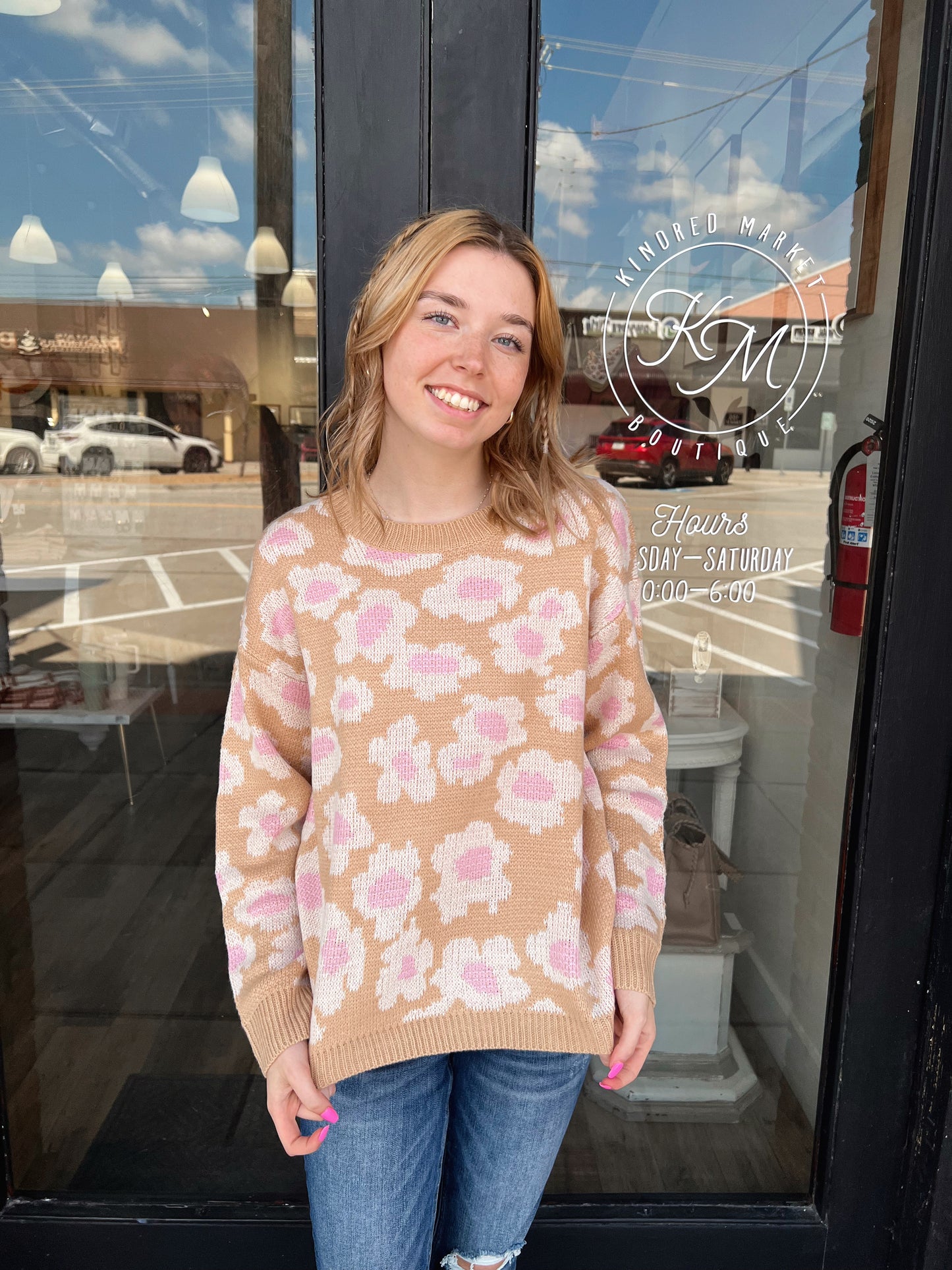 Denver Taupe Sweater with Pink Flowers