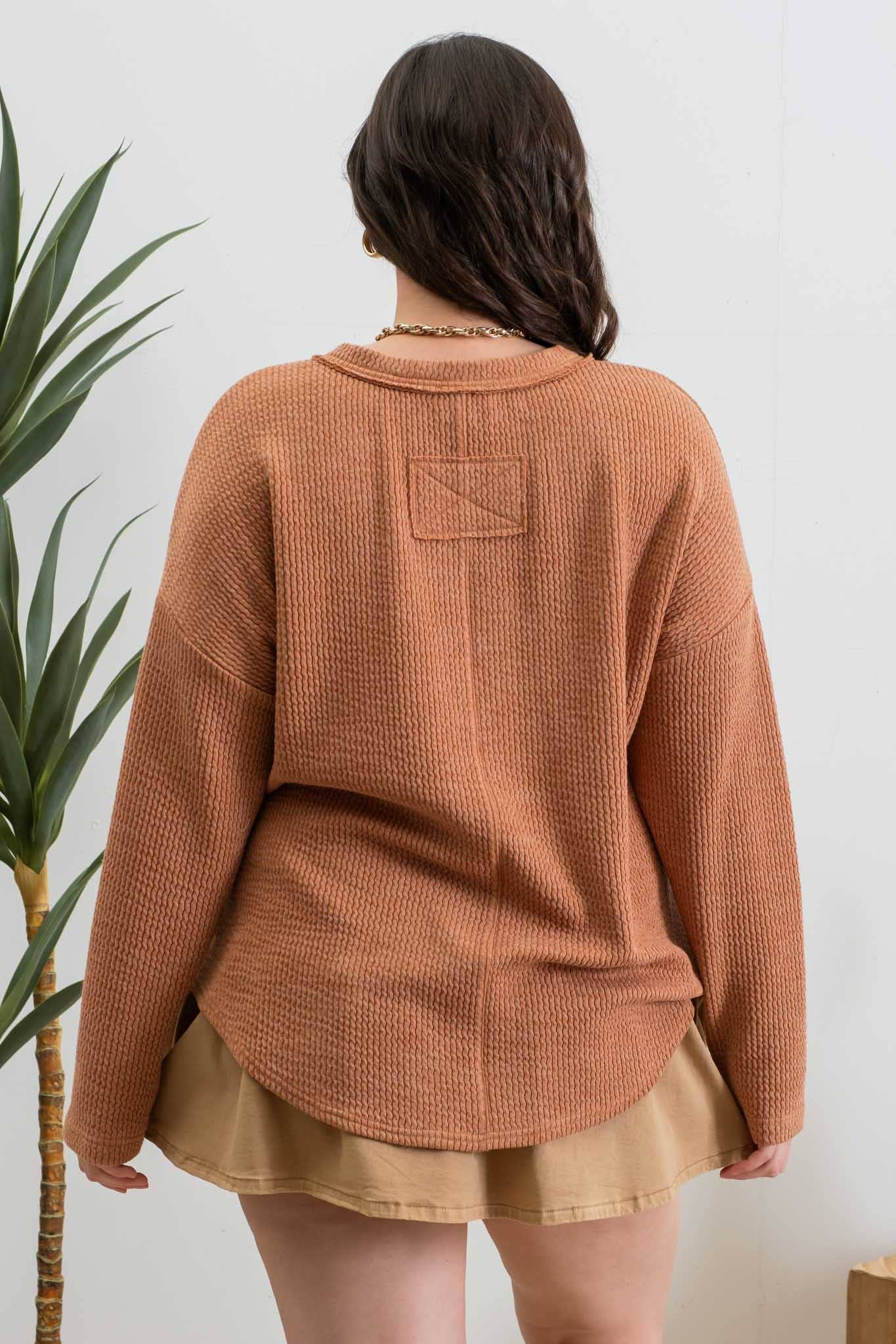 PLUS WAFFLE KNIT HENLEY LONG SLEEVE KNIT TOP