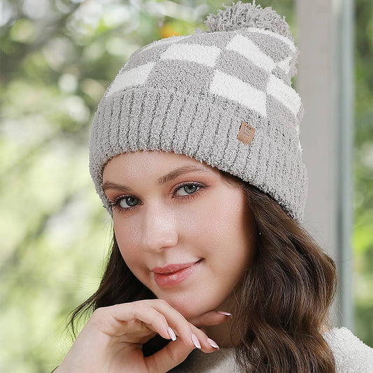 Buffalo Check Pattern Pom Pom Beanie Hat