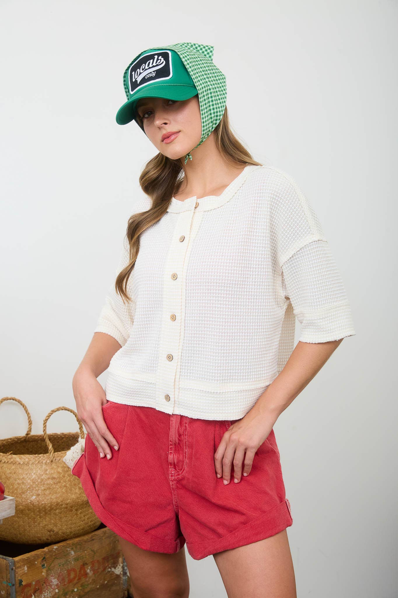 WAFFLE KNIT BUTTON DOWN SHORT SLEEVE CARDIGAN