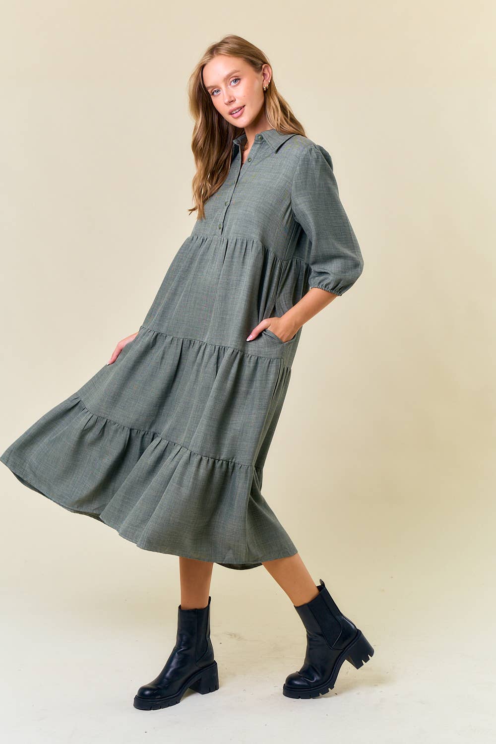 Half Button Down 3/4 Sleeve Tiered Midi Dress