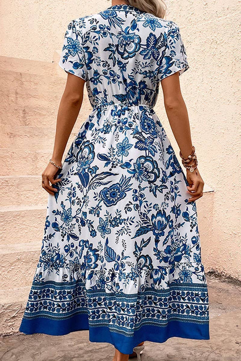 ETHNIC STYLE V-NECK SHORT SLEEVED MAXI DRESS