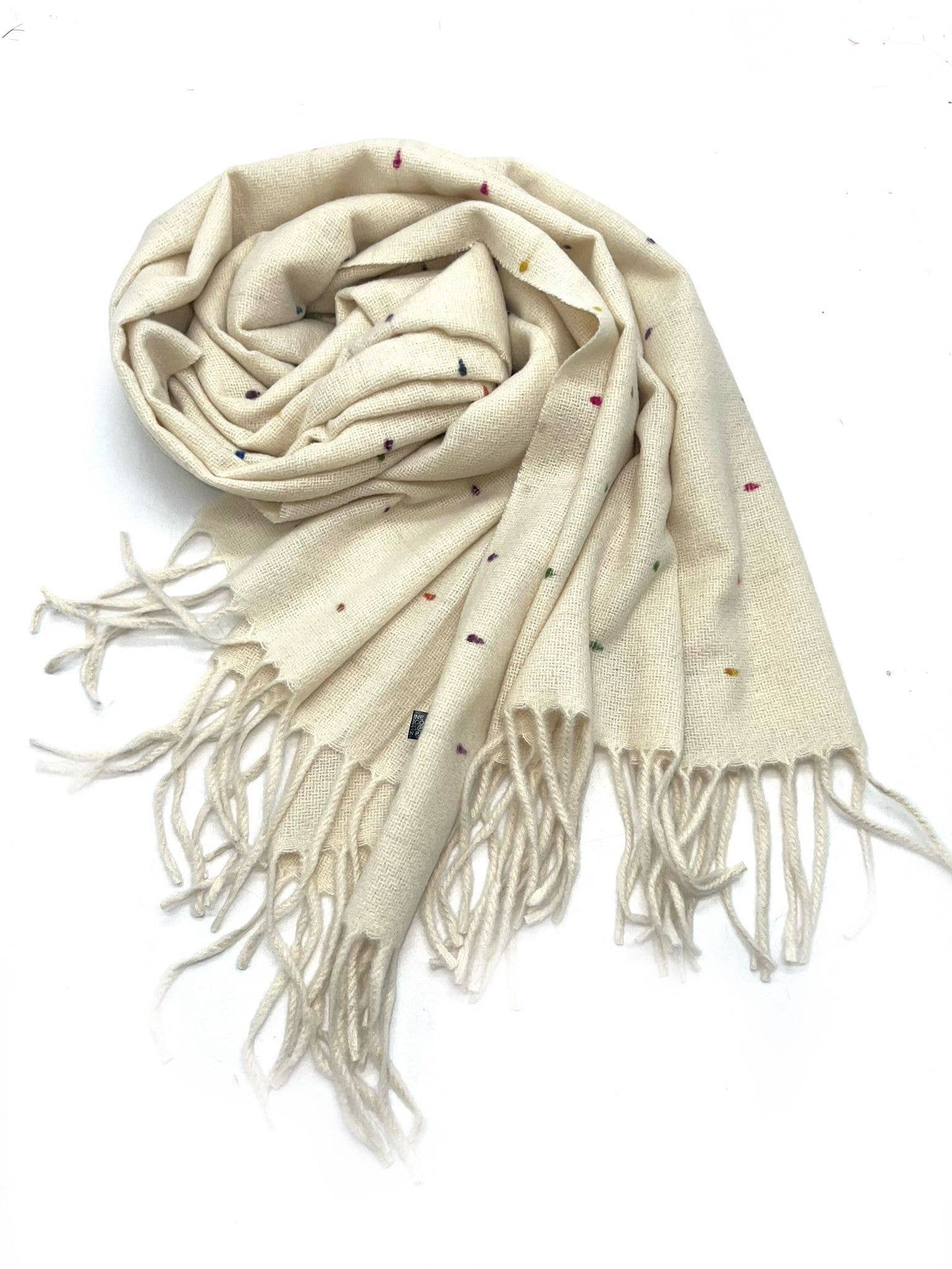 Multicolored polka dot scarf with long fringe
