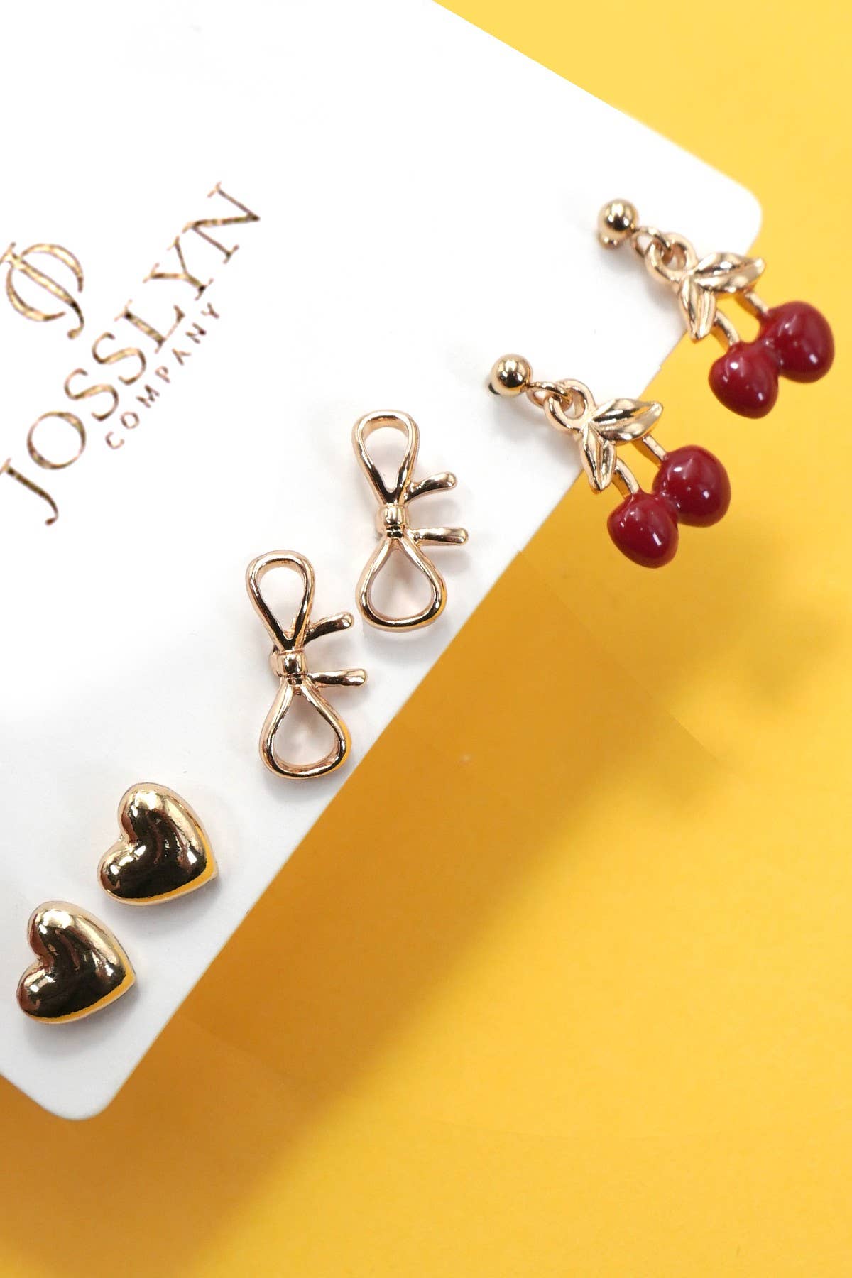 TRIO CHERRY BOW HEART STUD EARRINGS