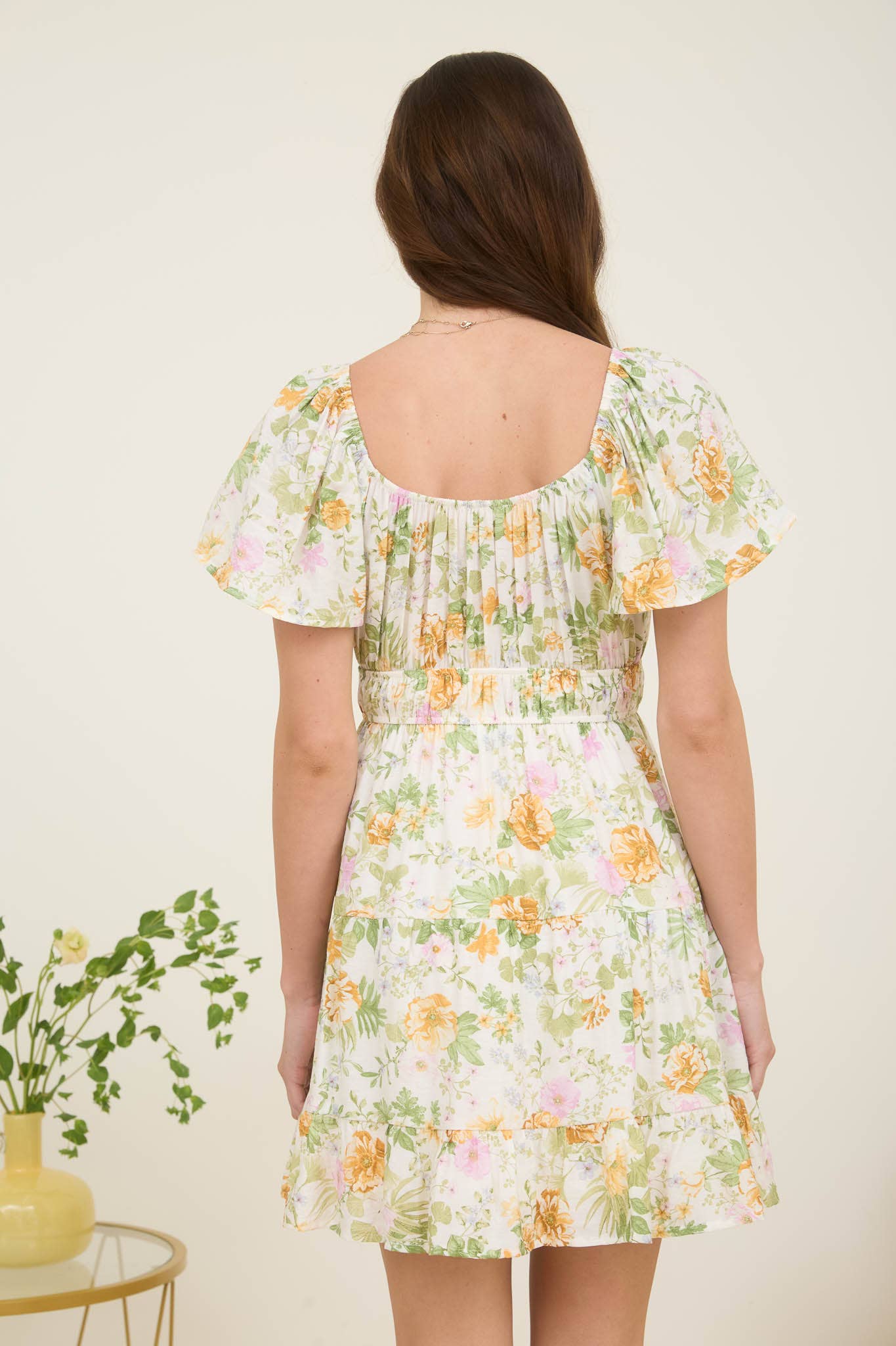 FLORAL FRONT TIE SCOOP NECK TIERED MINI DRESS
