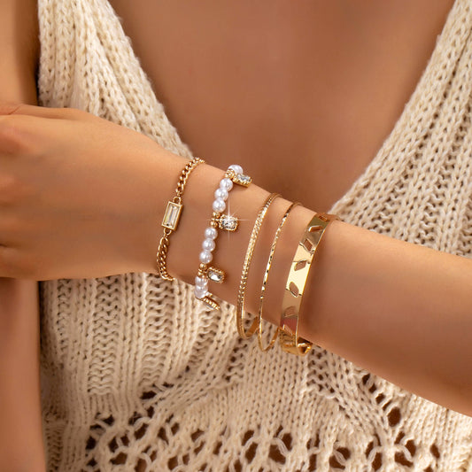 Gold Pearl & Crystal Drop Layered Bracelet Set | 80B1618