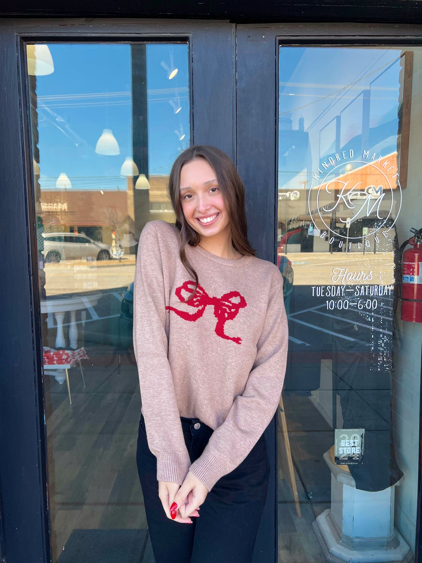 Amelia Mocha Red Bow Sweater