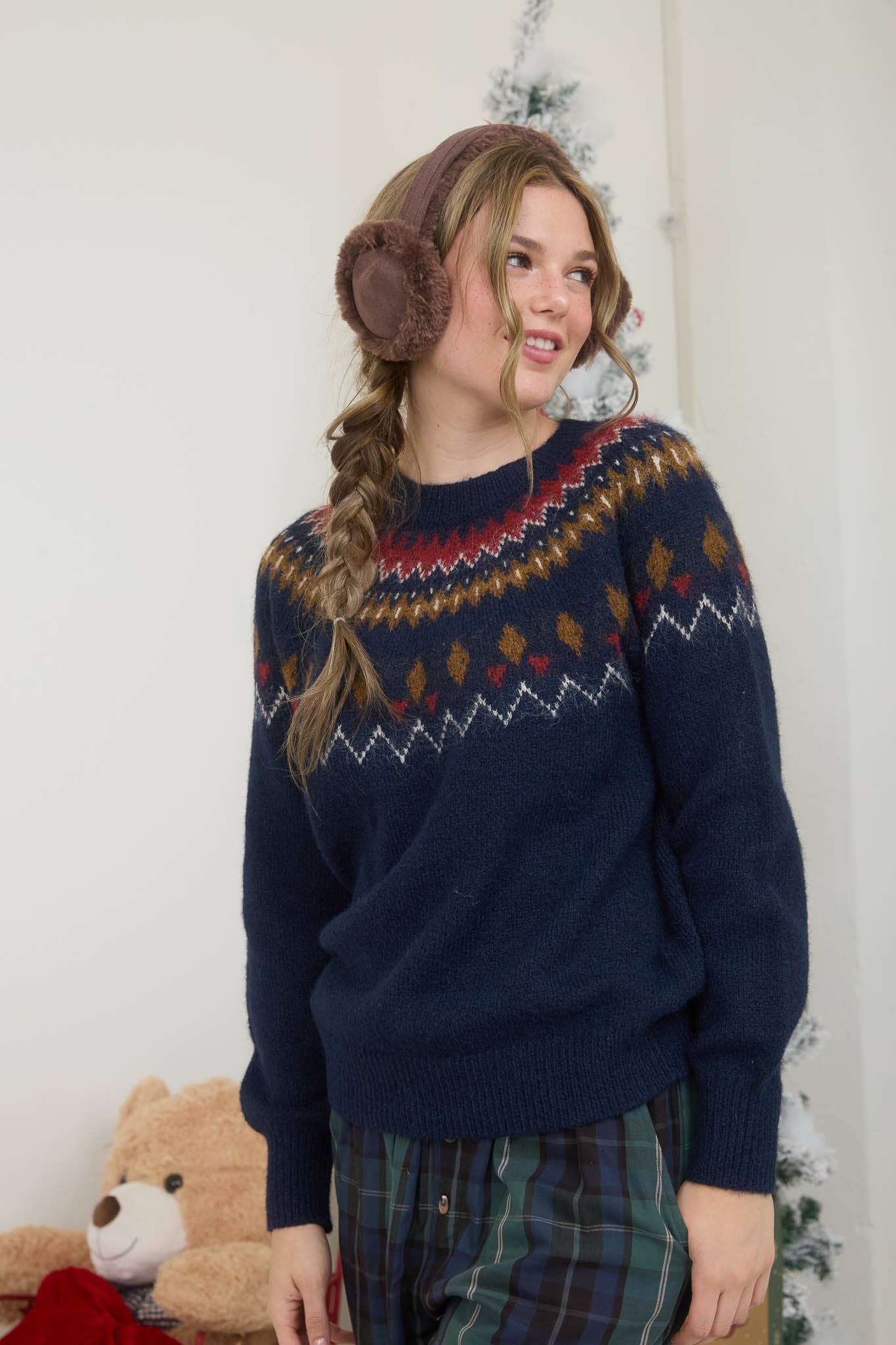KATE FUZZY FAIR ISLE CREW NECK KNIT PULLOVER SWEATER
