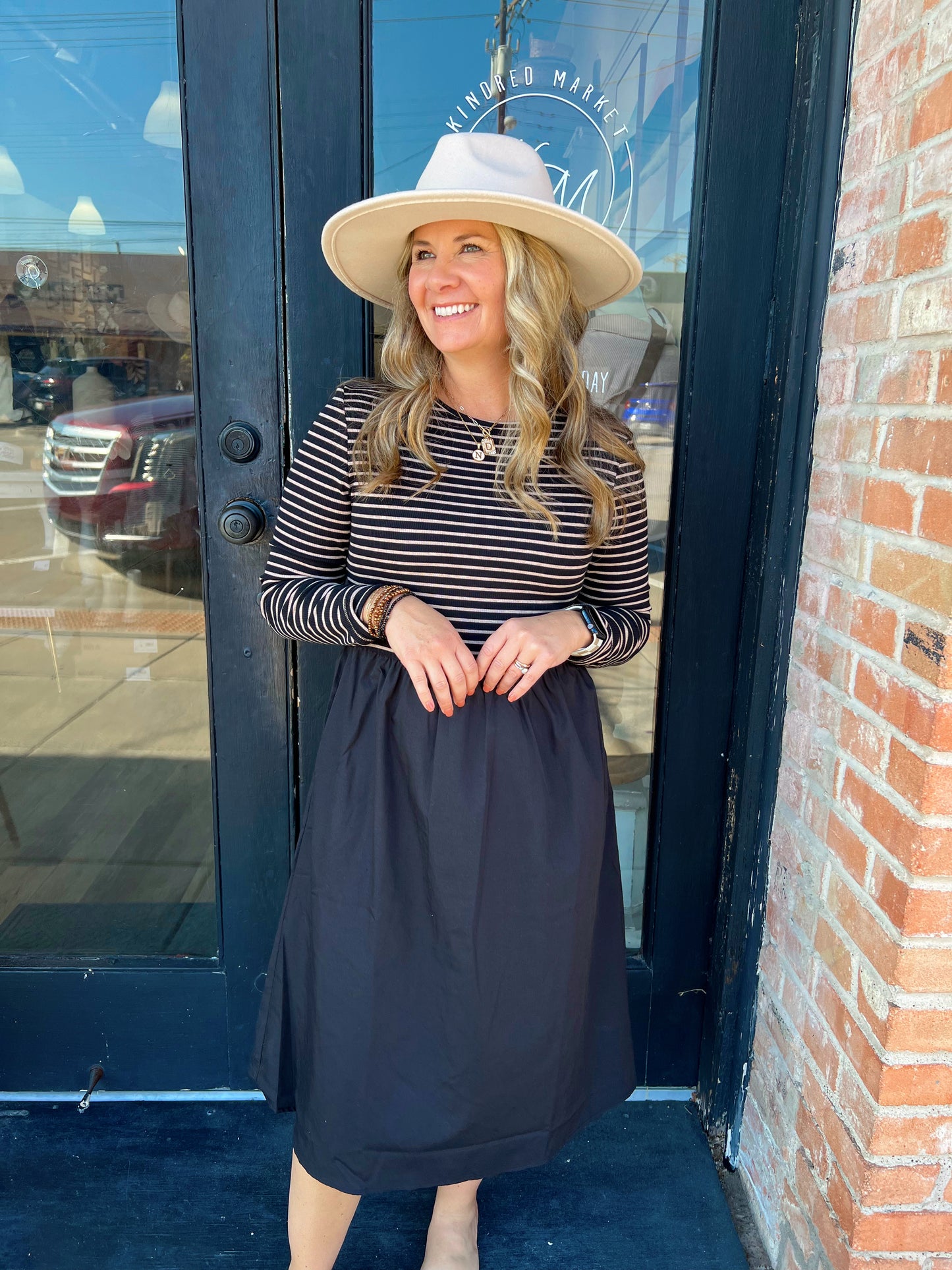 Mindy Black Striped Long Sleeve Midi Dress