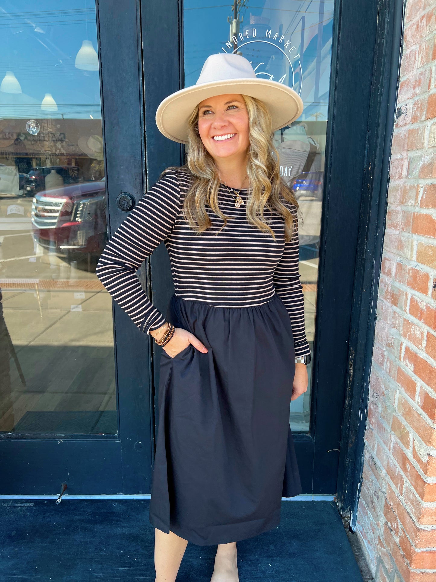 Mindy Black Striped Long Sleeve Midi Dress