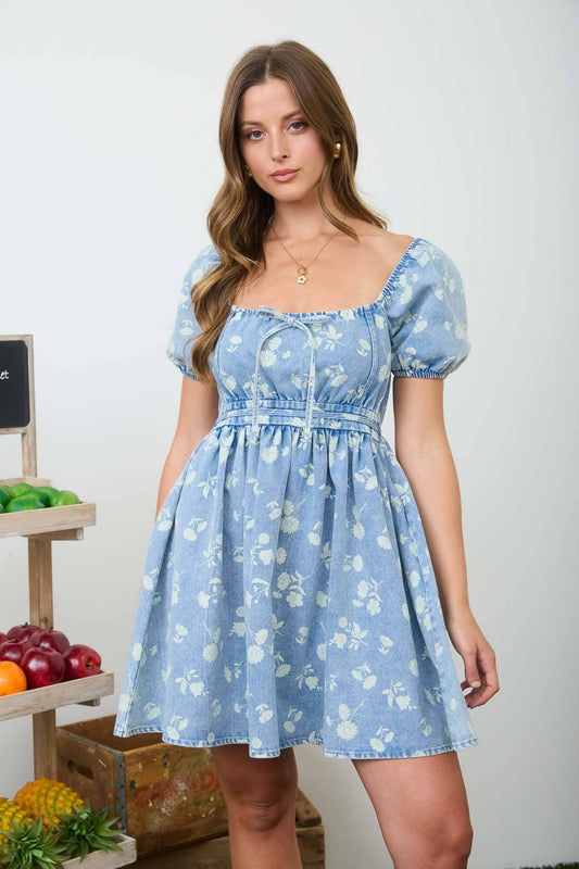 FLORAL WASHED DENIM SHORT PUFF SLEEVE MINI DRESS