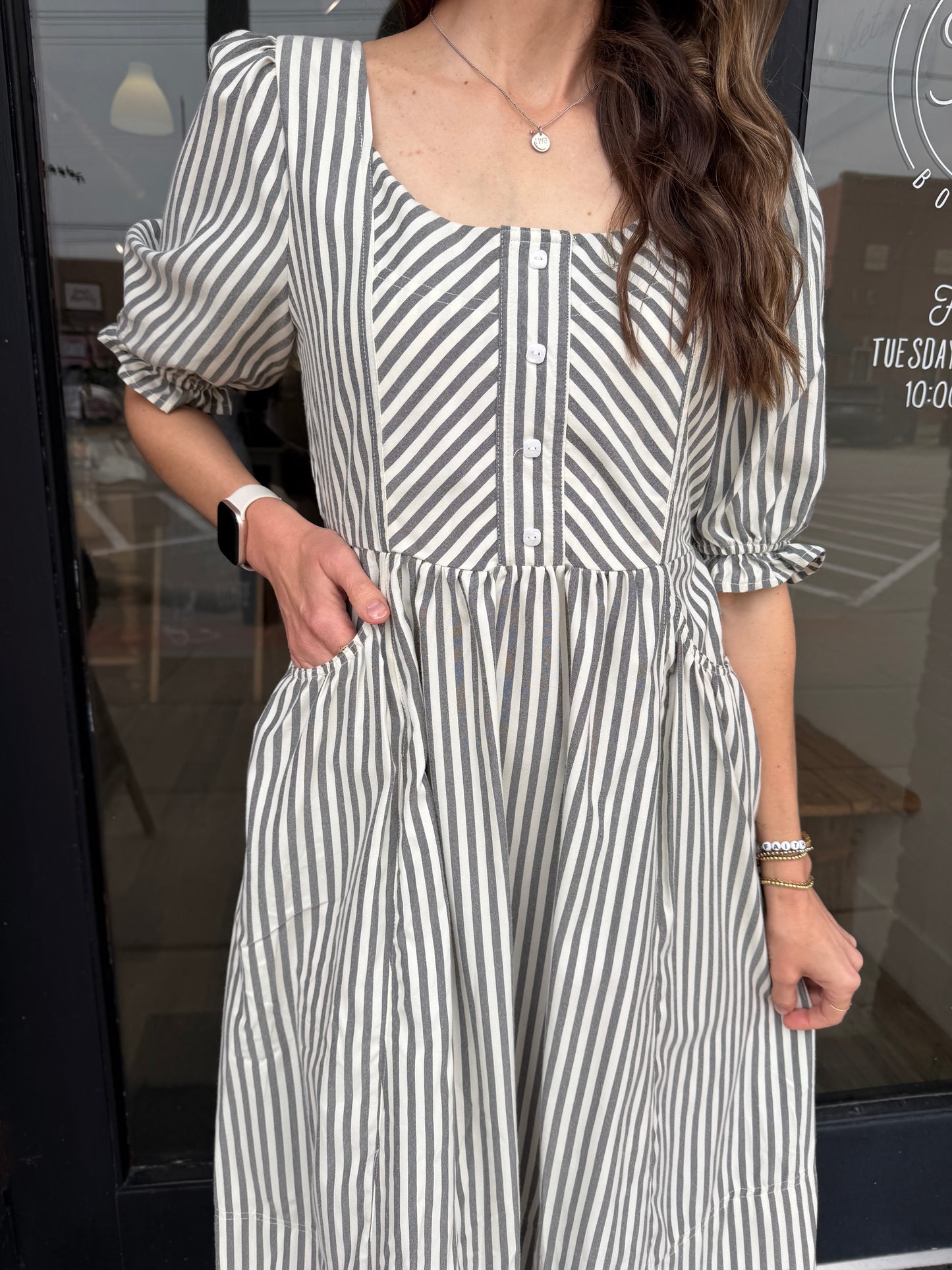 Elise Gray Striped Midi Dress