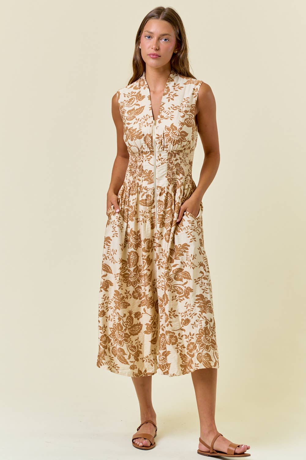 PAISLEY V-NECK SMOCKED WAIST ZIP FRONT MIDI DRESS