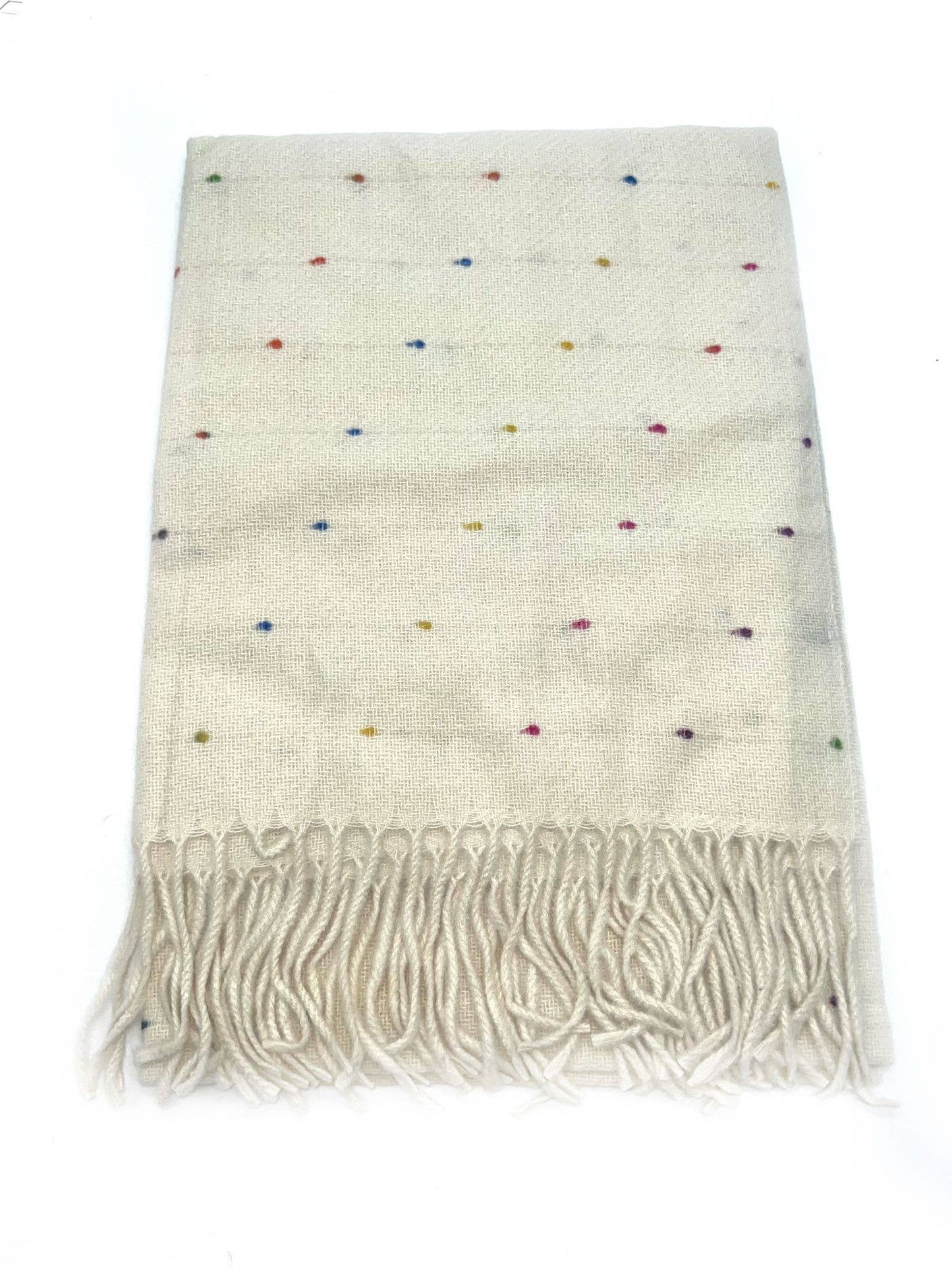 Multicolored polka dot scarf with long fringe