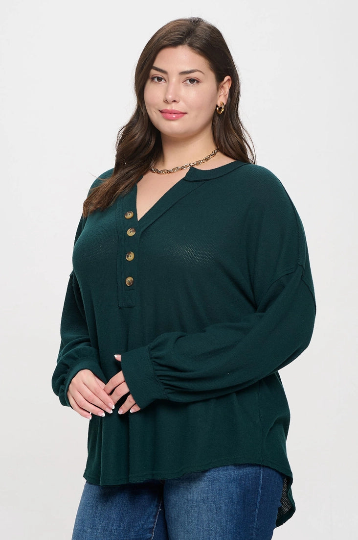 Destiny Plus V Neck Half Button Long Sleeve Top