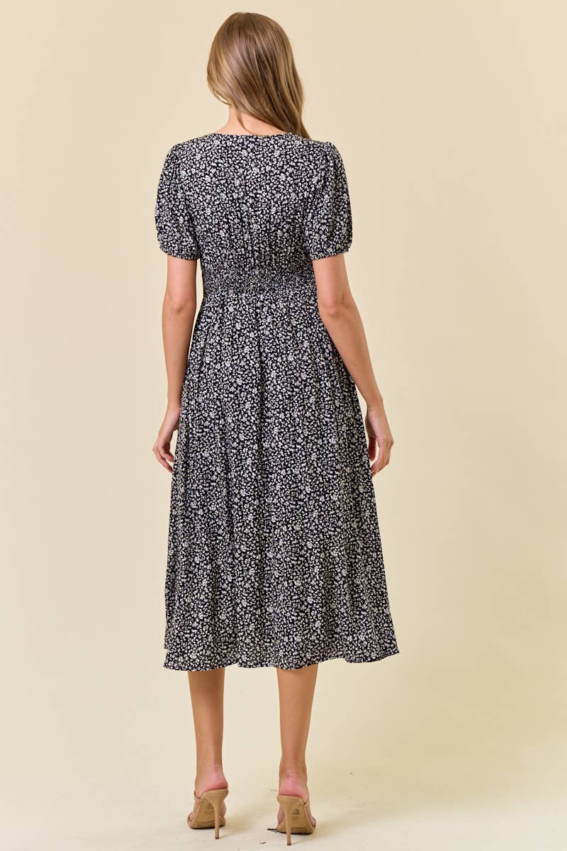 DITSY FLORAL PRINT V-NECK PUFF SHORT SLEEVE DRESS