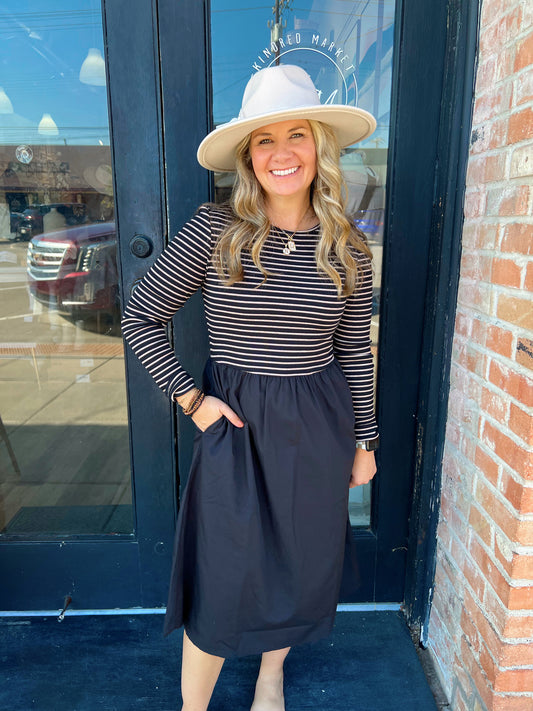 Mindy Black Striped Long Sleeve Midi Dress