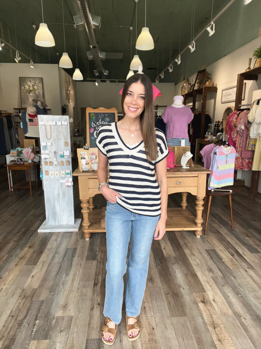 Brooke Stripe Knit Short Sleeve Sweater