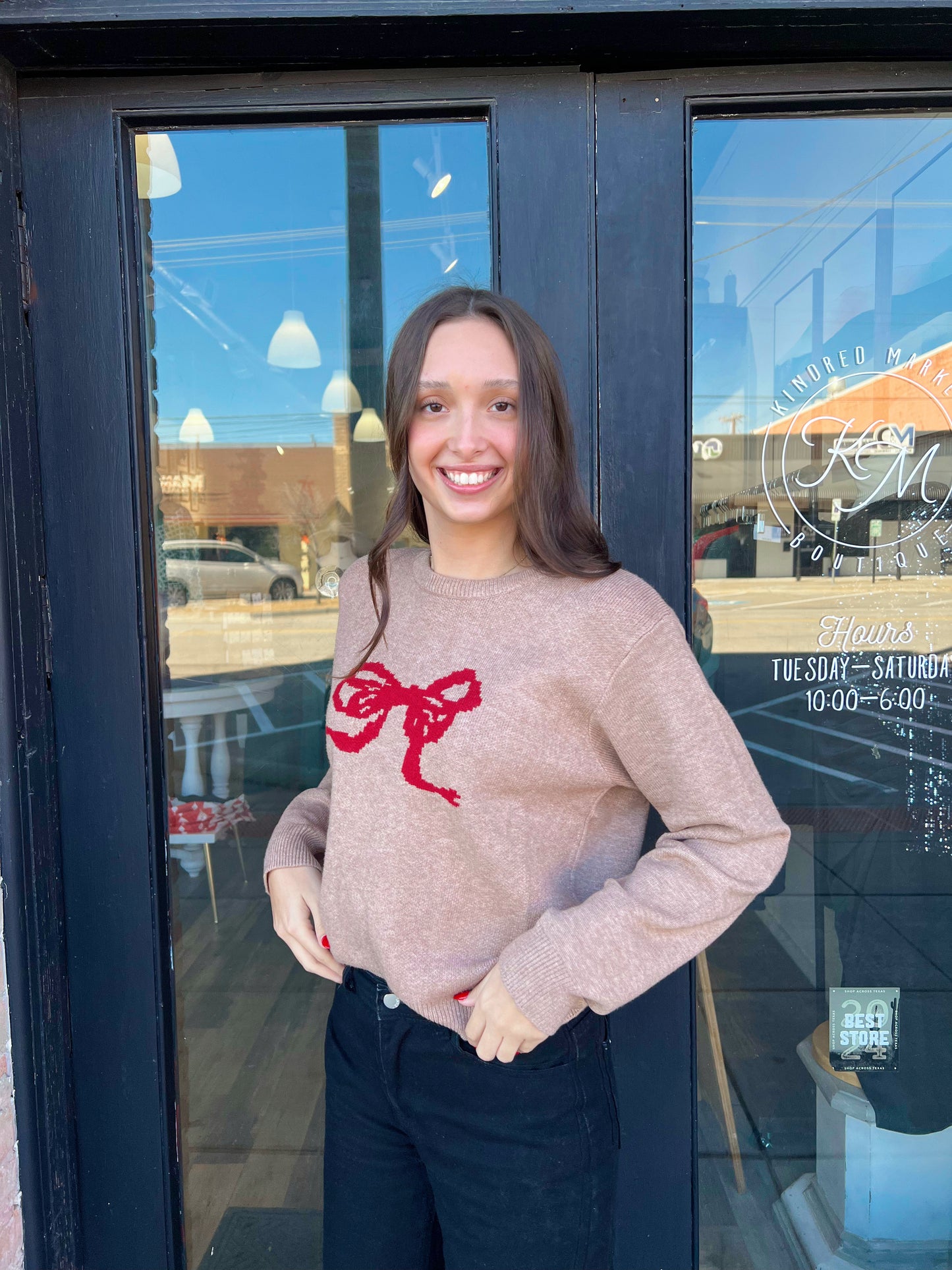 Amelia Mocha Red Bow Sweater