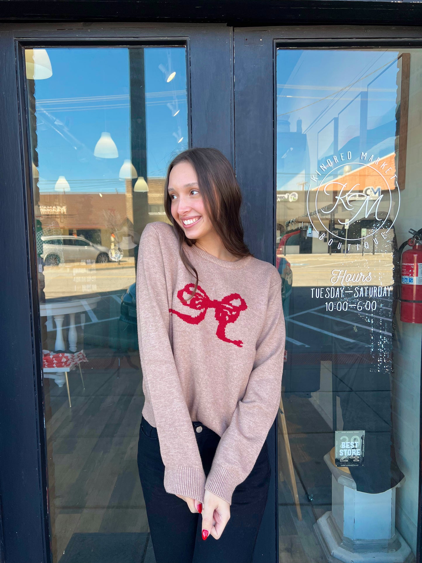 Amelia Mocha Red Bow Sweater