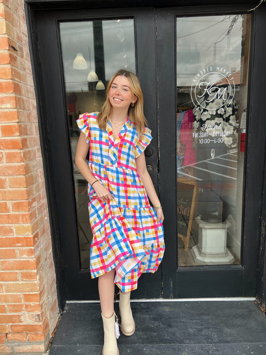 Lucy Pink Blue Checkered Midi Dress