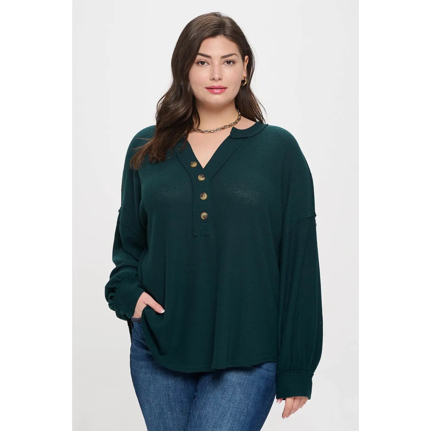 Destiny Plus V Neck Half Button Long Sleeve Top