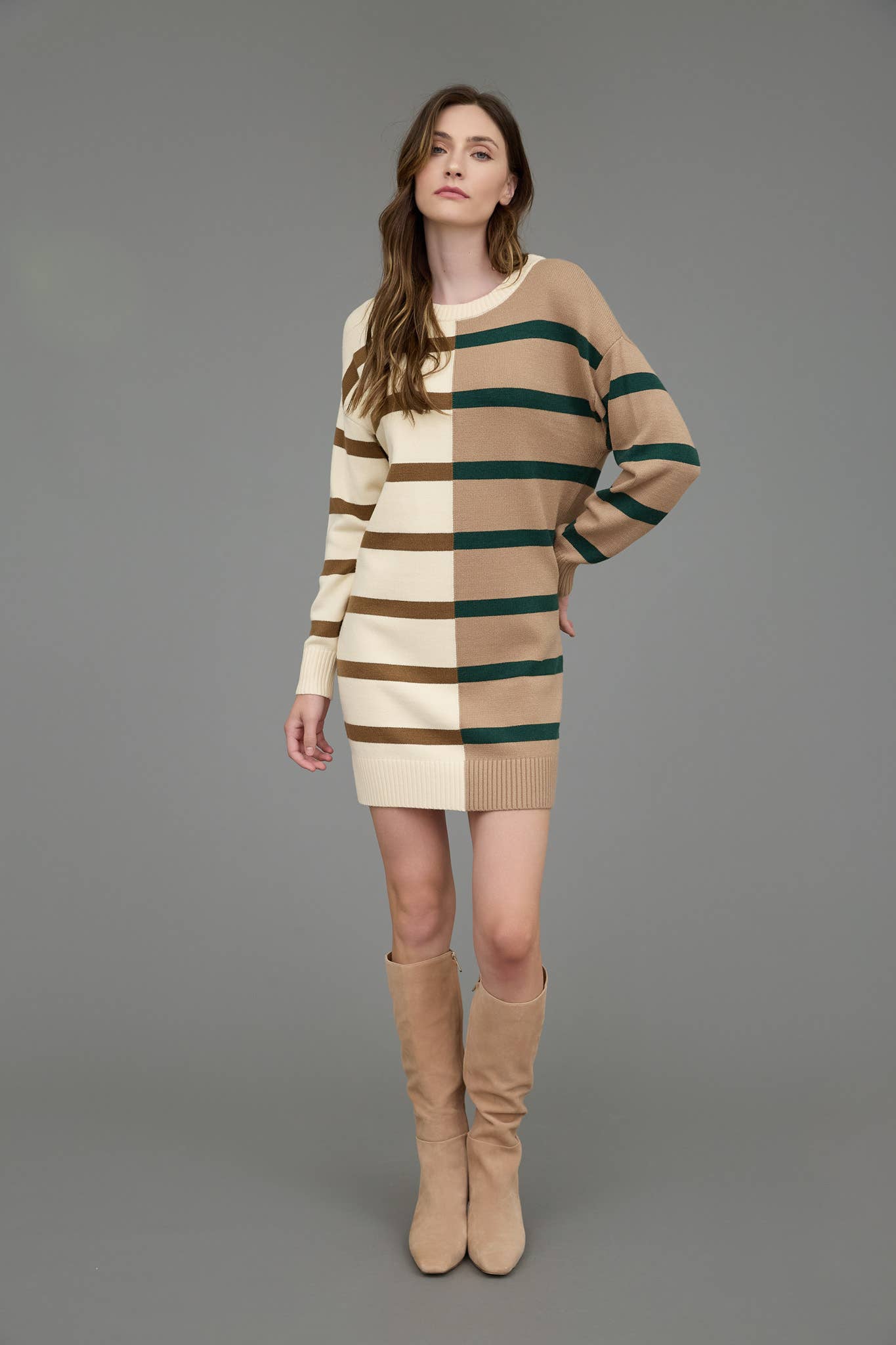 KIM STRIPE COLORBLOCK LONG SLEEVE MINI SWEATER DRESS