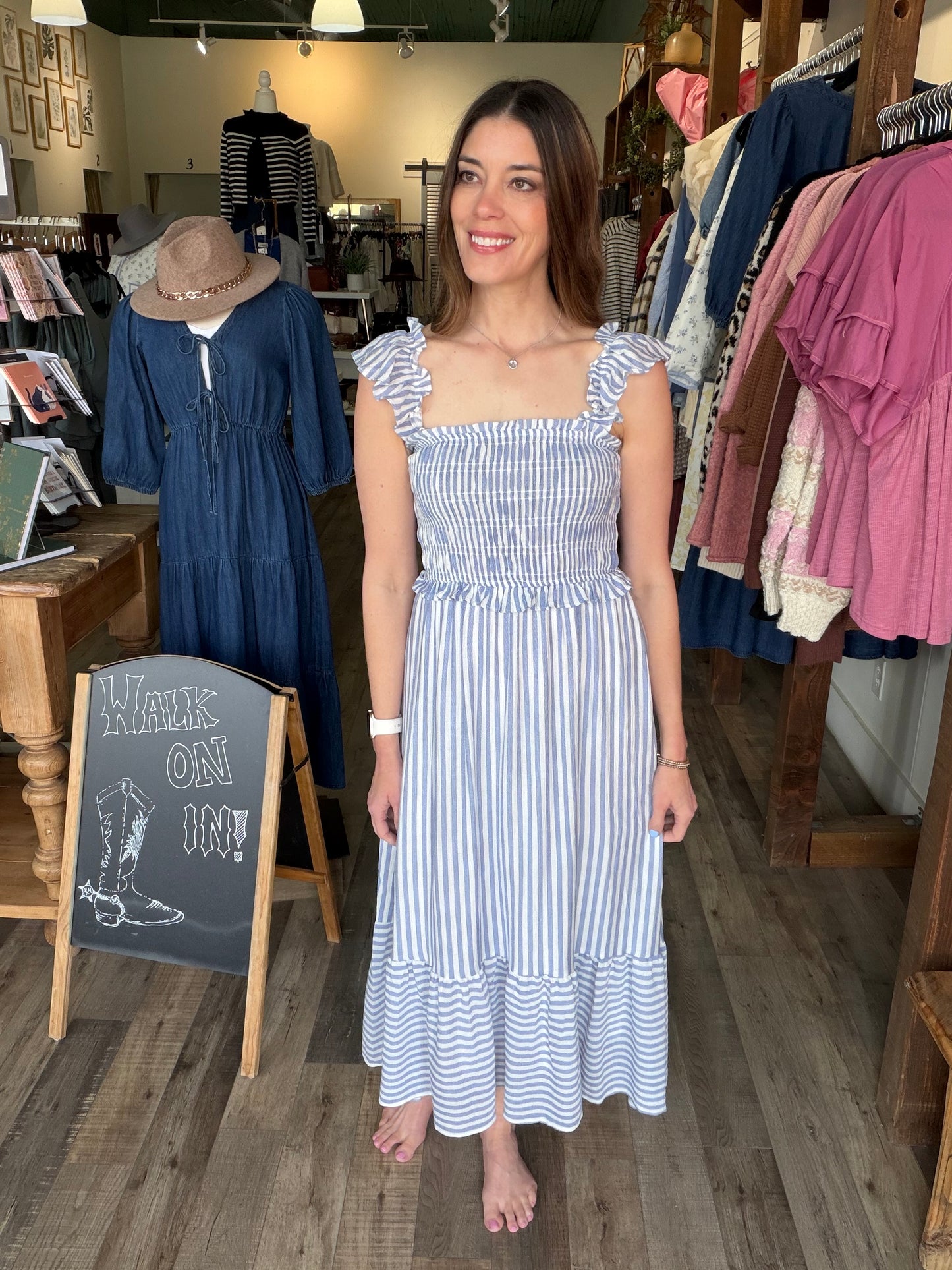 STRIPE SMOCKED RUFFLE TRIM MIDI DRESS