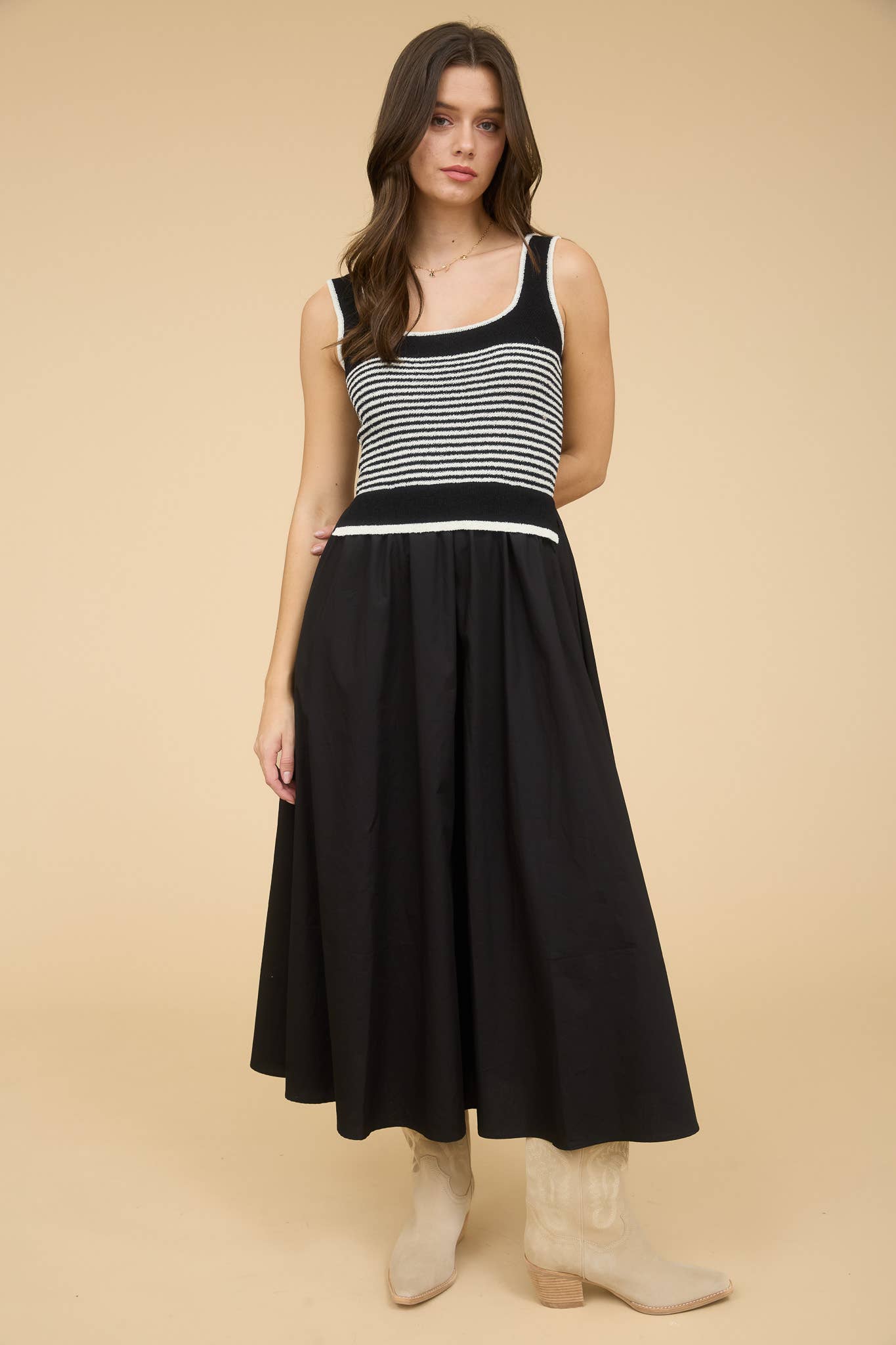 STRIPE SWEATER TANK WOVEN SKIRT MIDI DRESS