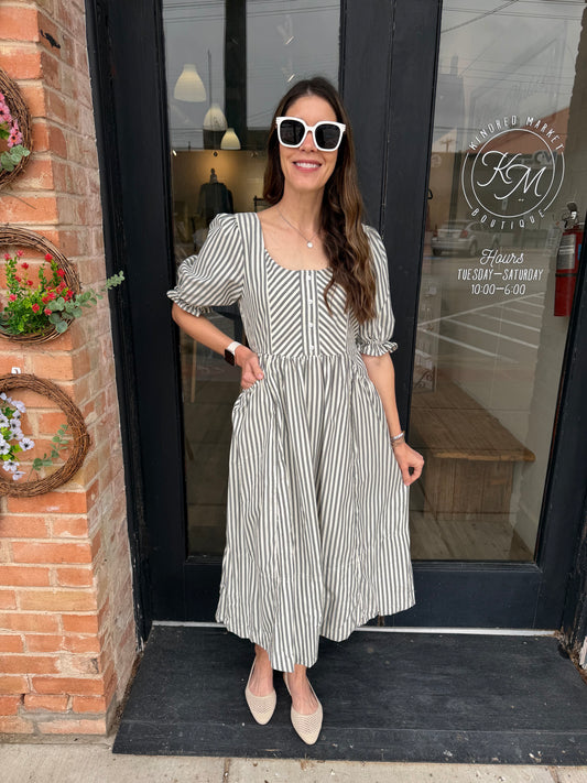 Elise Gray Striped Midi Dress