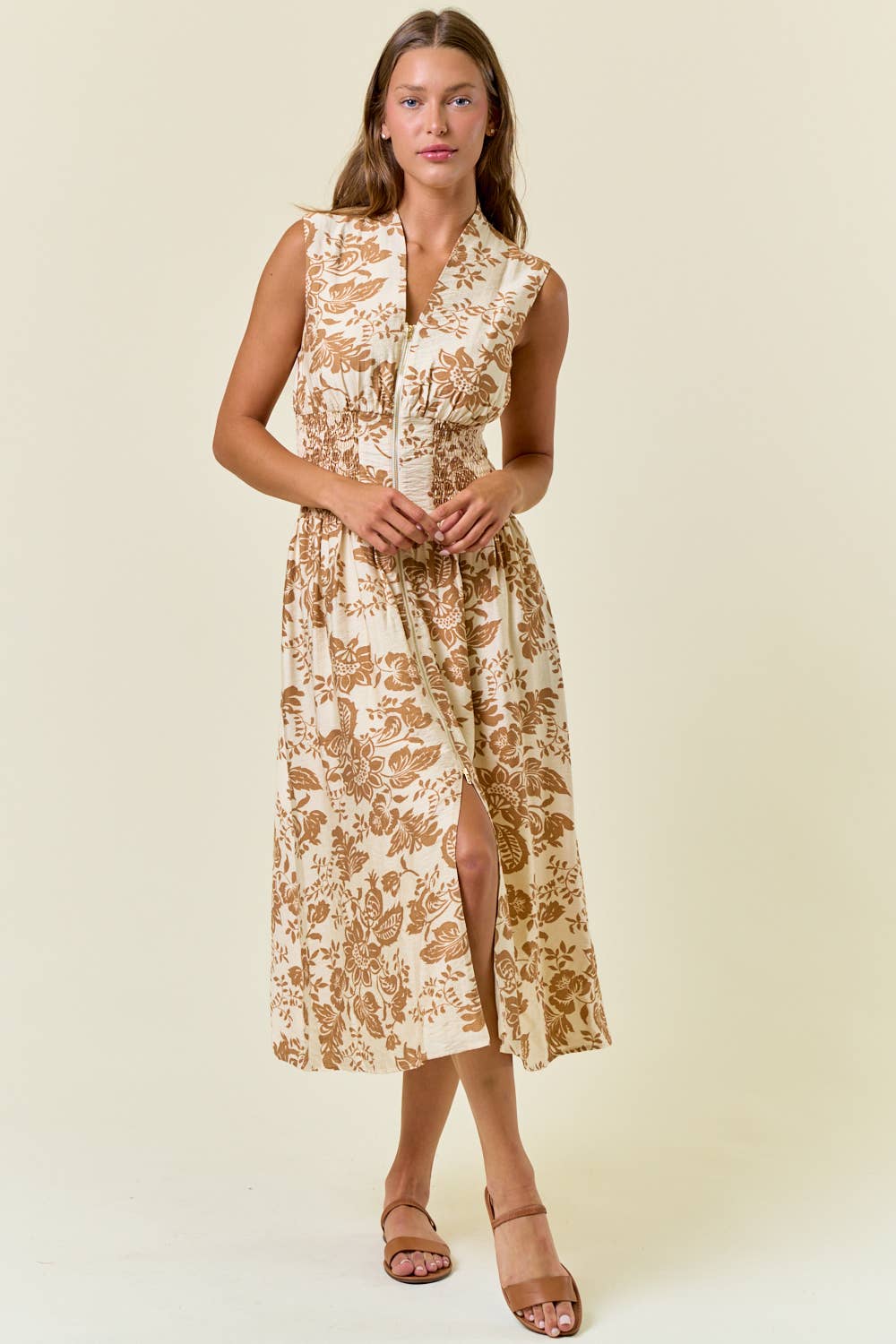 PAISLEY V-NECK SMOCKED WAIST ZIP FRONT MIDI DRESS