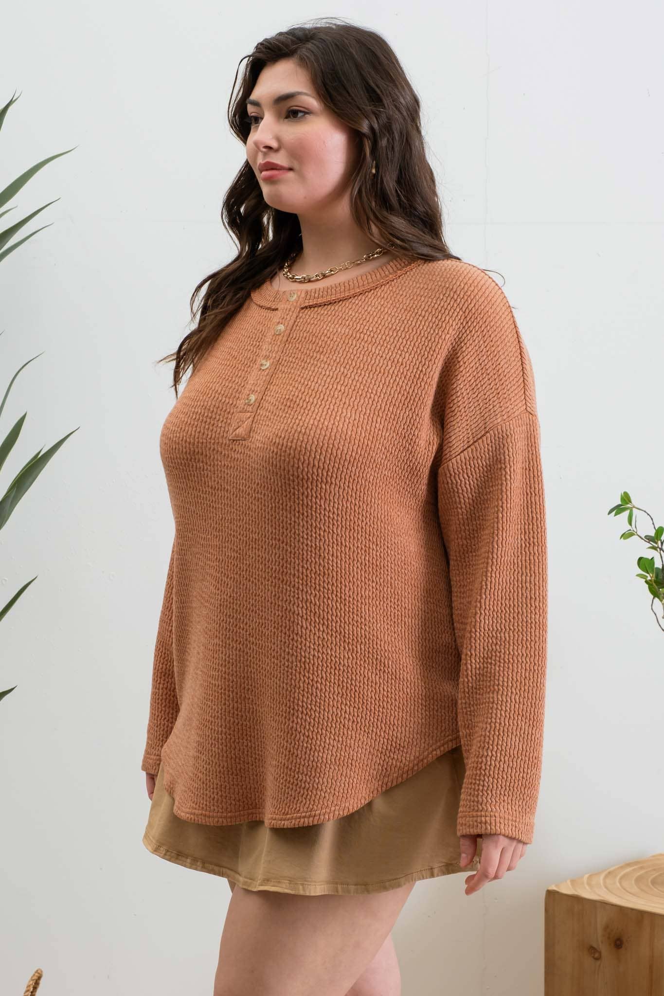 PLUS WAFFLE KNIT HENLEY LONG SLEEVE KNIT TOP
