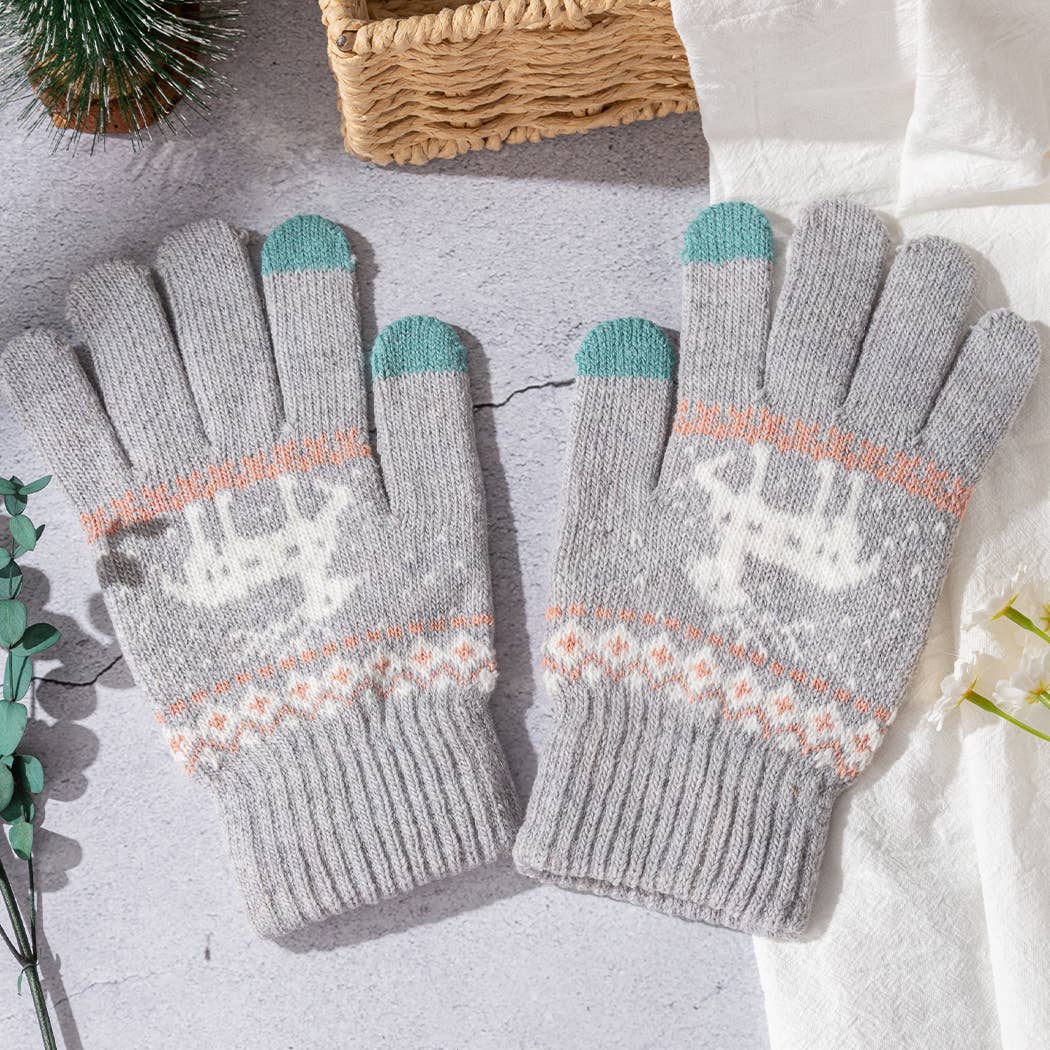 Winter Knit Gloves with Reindeer Pattern-Fair Isle Design