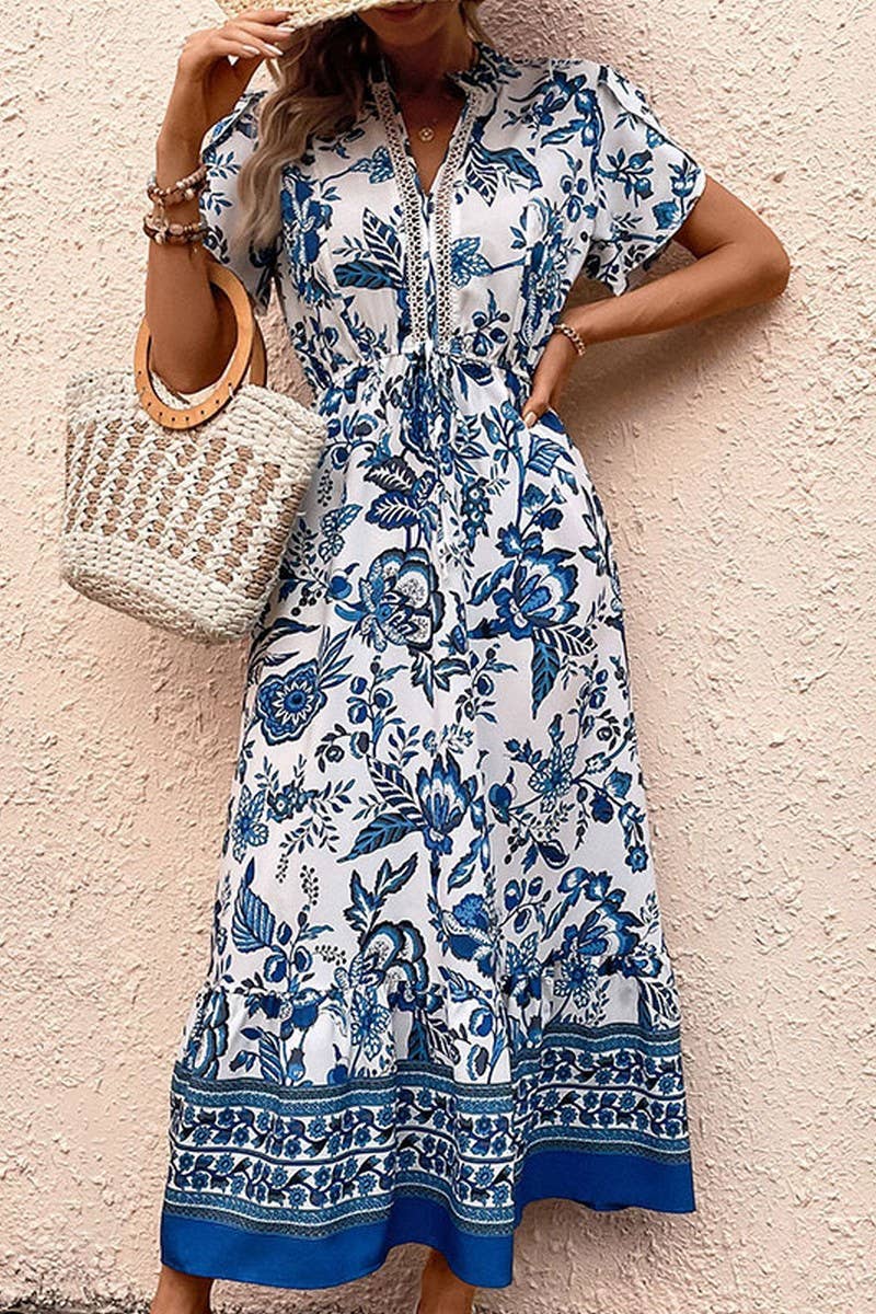 ETHNIC STYLE V-NECK SHORT SLEEVED MAXI DRESS