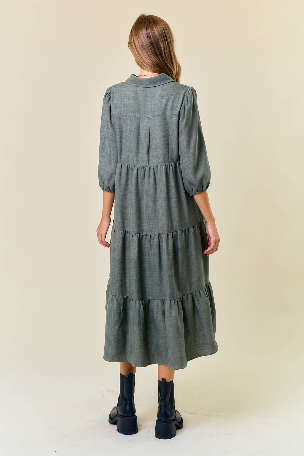 Half Button Down 3/4 Sleeve Tiered Midi Dress
