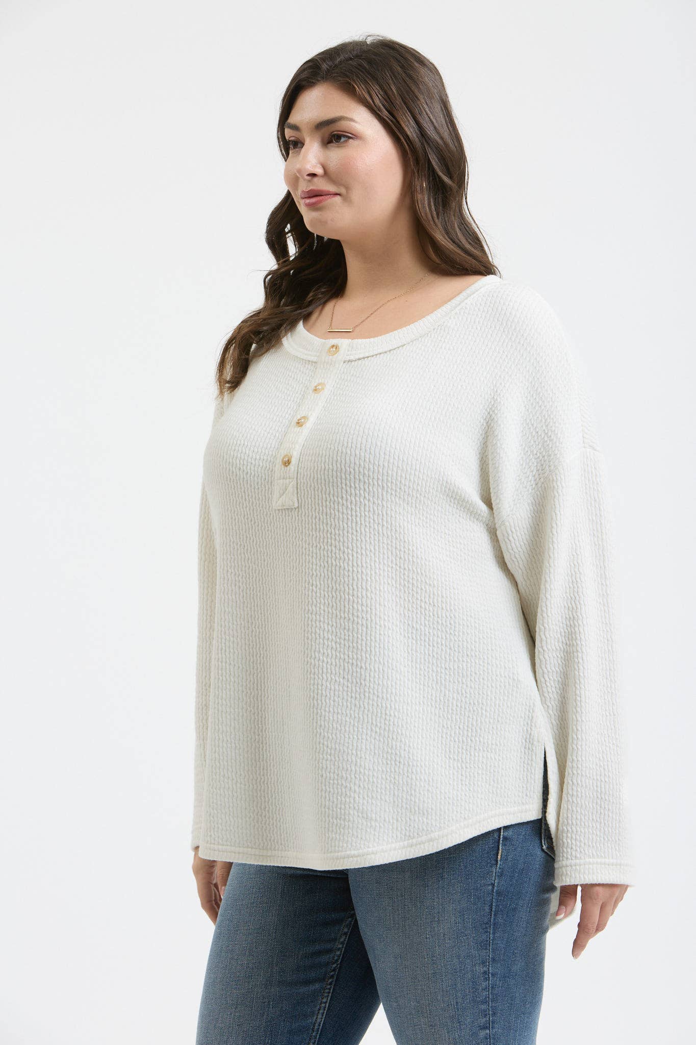 PLUS WAFFLE KNIT HENLEY LONG SLEEVE KNIT TOP