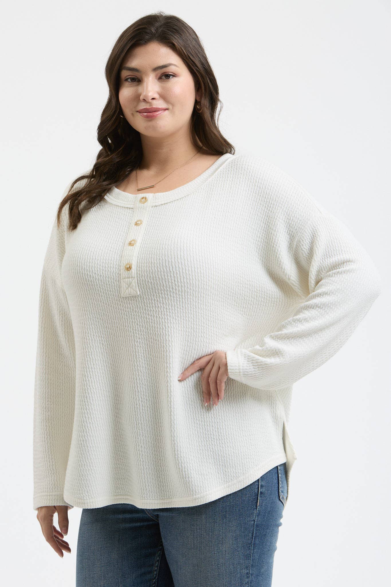 PLUS WAFFLE KNIT HENLEY LONG SLEEVE KNIT TOP