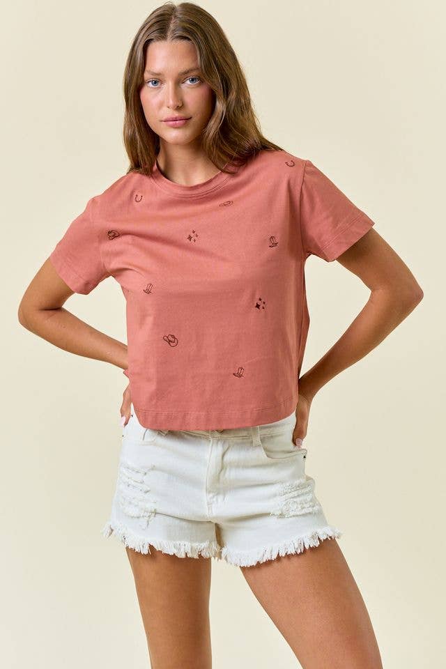 SHORT SLEEVE COWGIRL EMBROIDERED CROP TOP