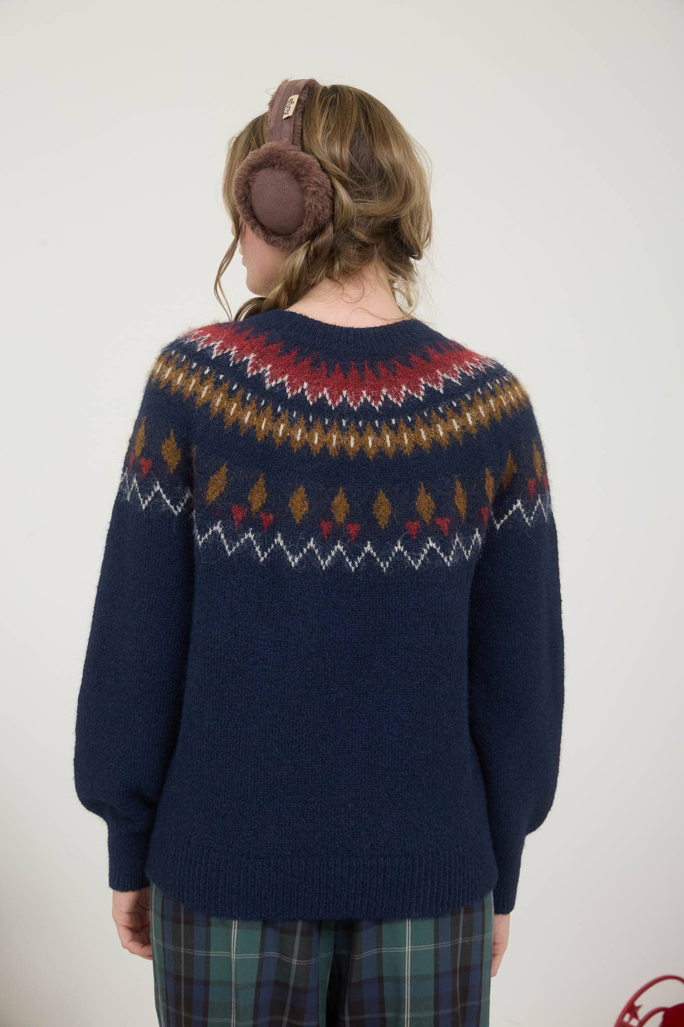 KATE FUZZY FAIR ISLE CREW NECK KNIT PULLOVER SWEATER