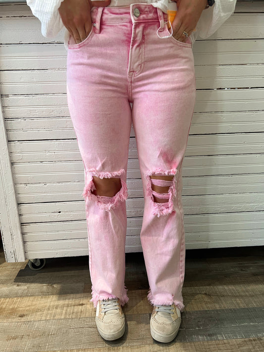 Aspyn Acid Wash Pink Ripped Jean