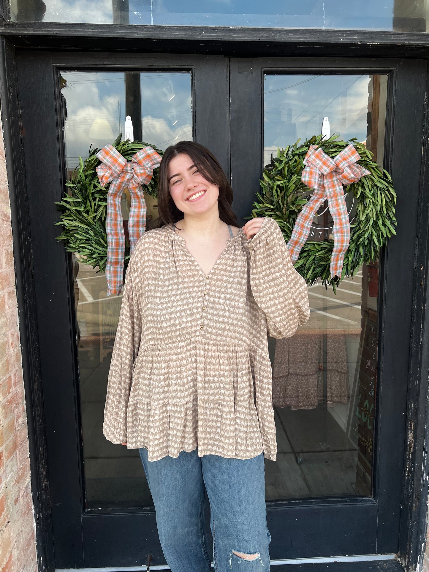 Mary Plus Taupe Babydoll Blouse