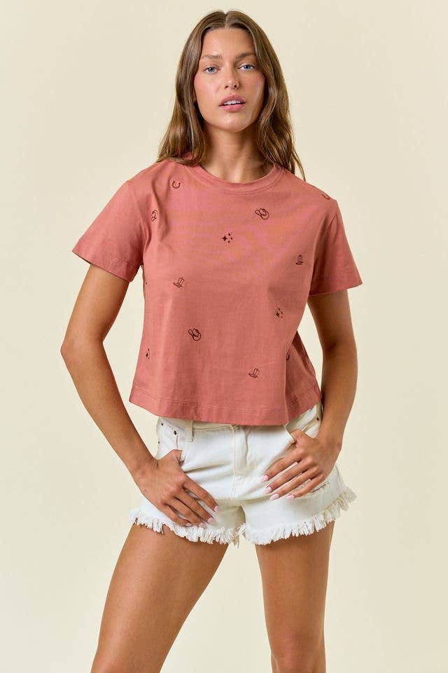 SHORT SLEEVE COWGIRL EMBROIDERED CROP TOP