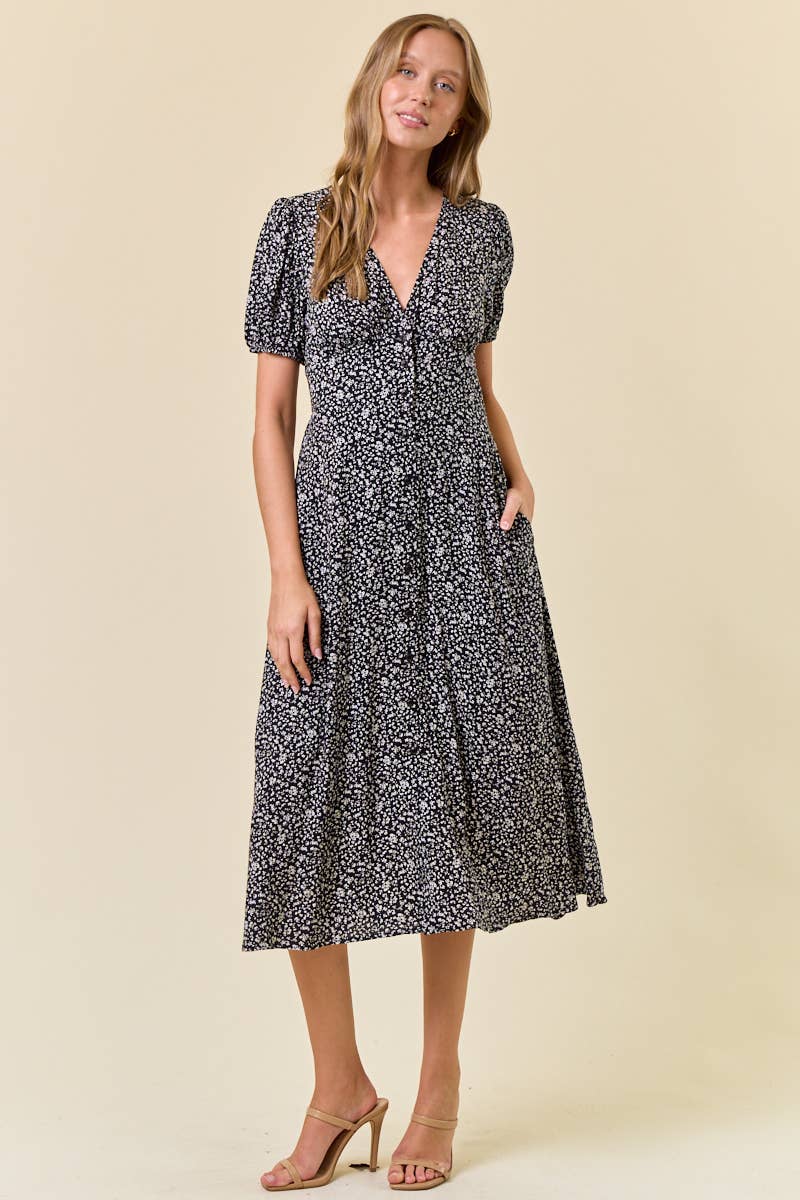 DITSY FLORAL PRINT V-NECK PUFF SHORT SLEEVE DRESS