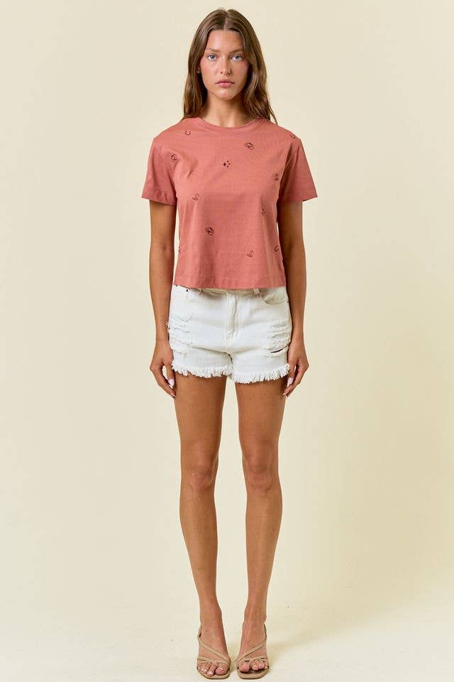 SHORT SLEEVE COWGIRL EMBROIDERED CROP TOP