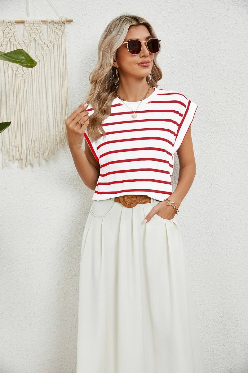 ROUND NECK STRIPED RAGLAN SLEEVE T-SHIRT