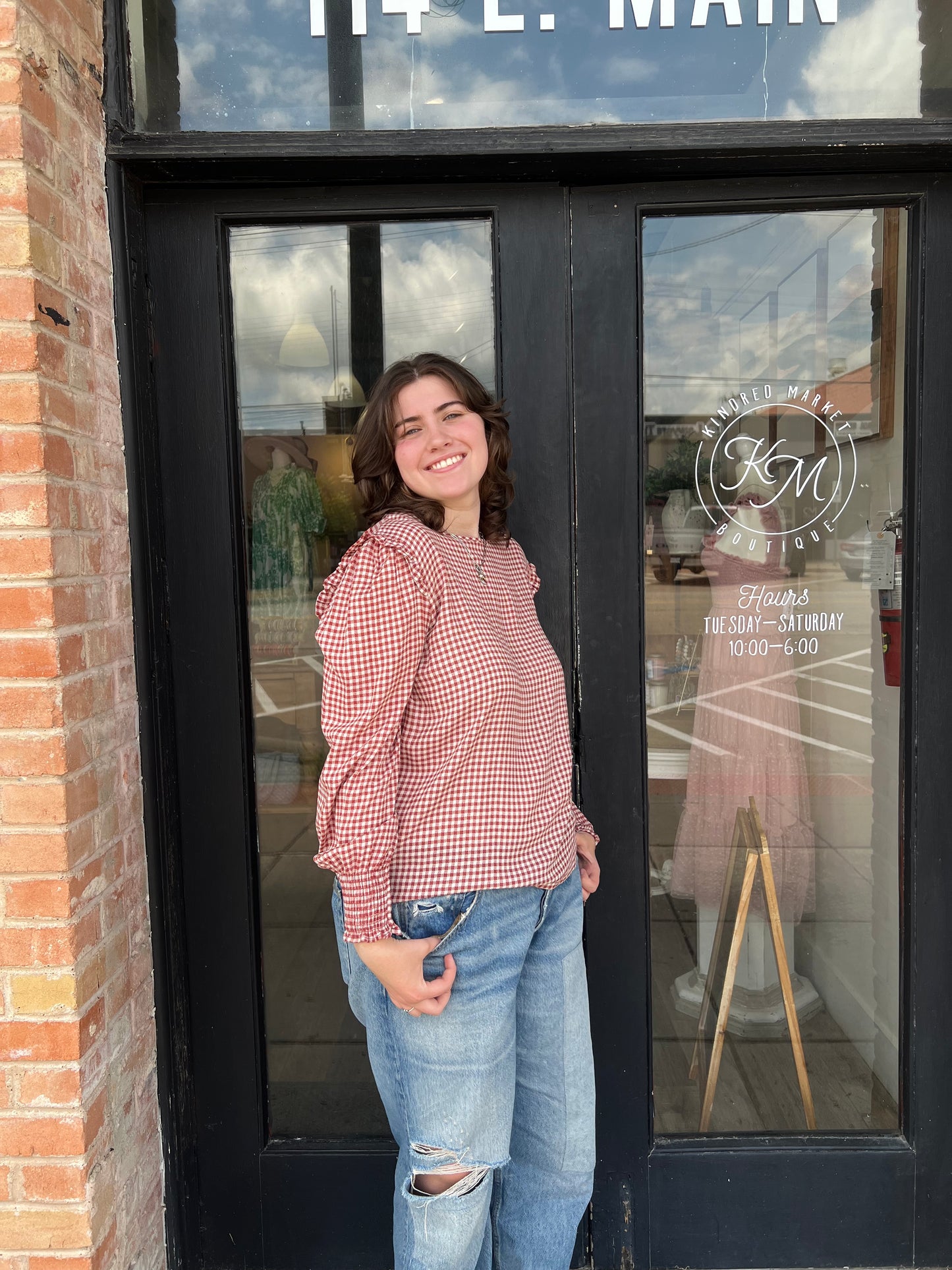 Plaid Top With Smocked Sleeves Detail and Ruffled Shoulder