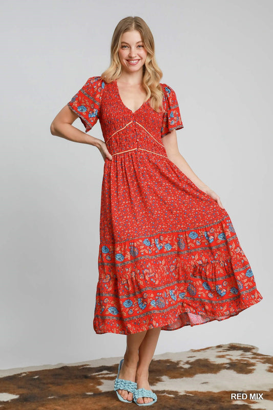 Eliza Red Floral Midi Dress