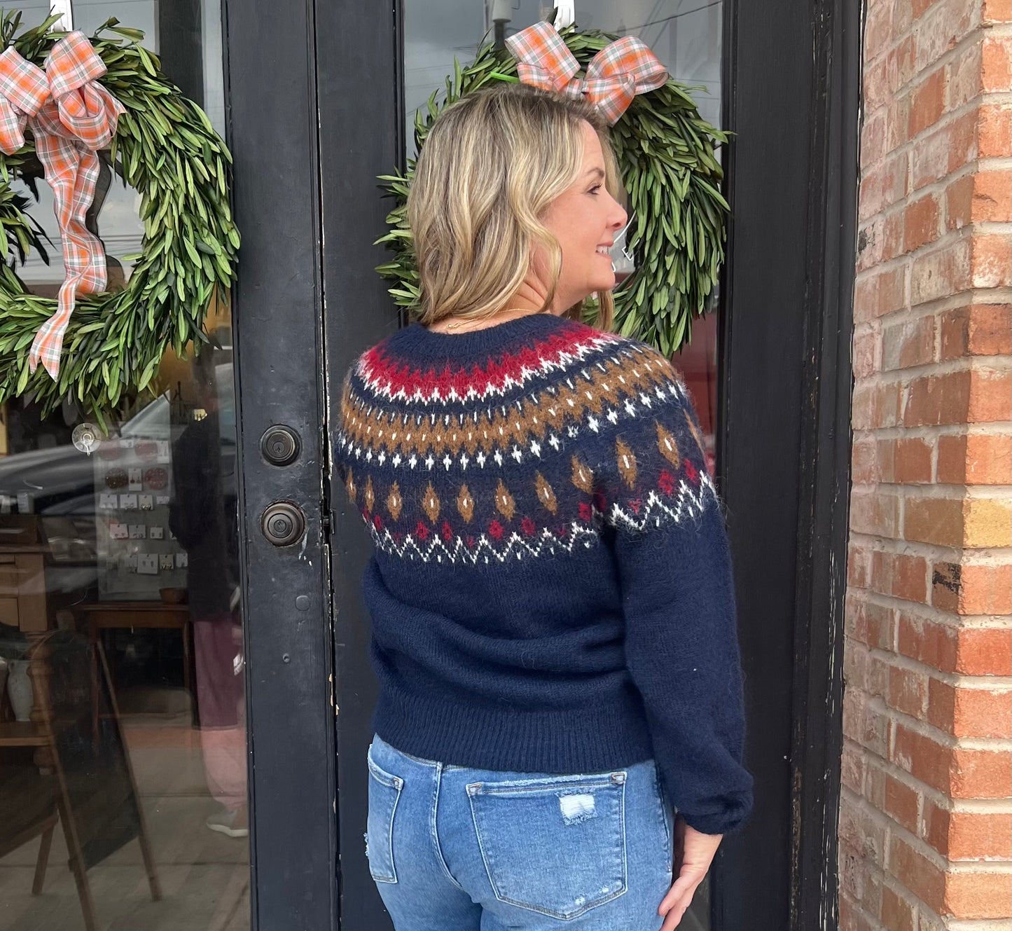 KATE FUZZY FAIR ISLE CREW NECK KNIT PULLOVER SWEATER