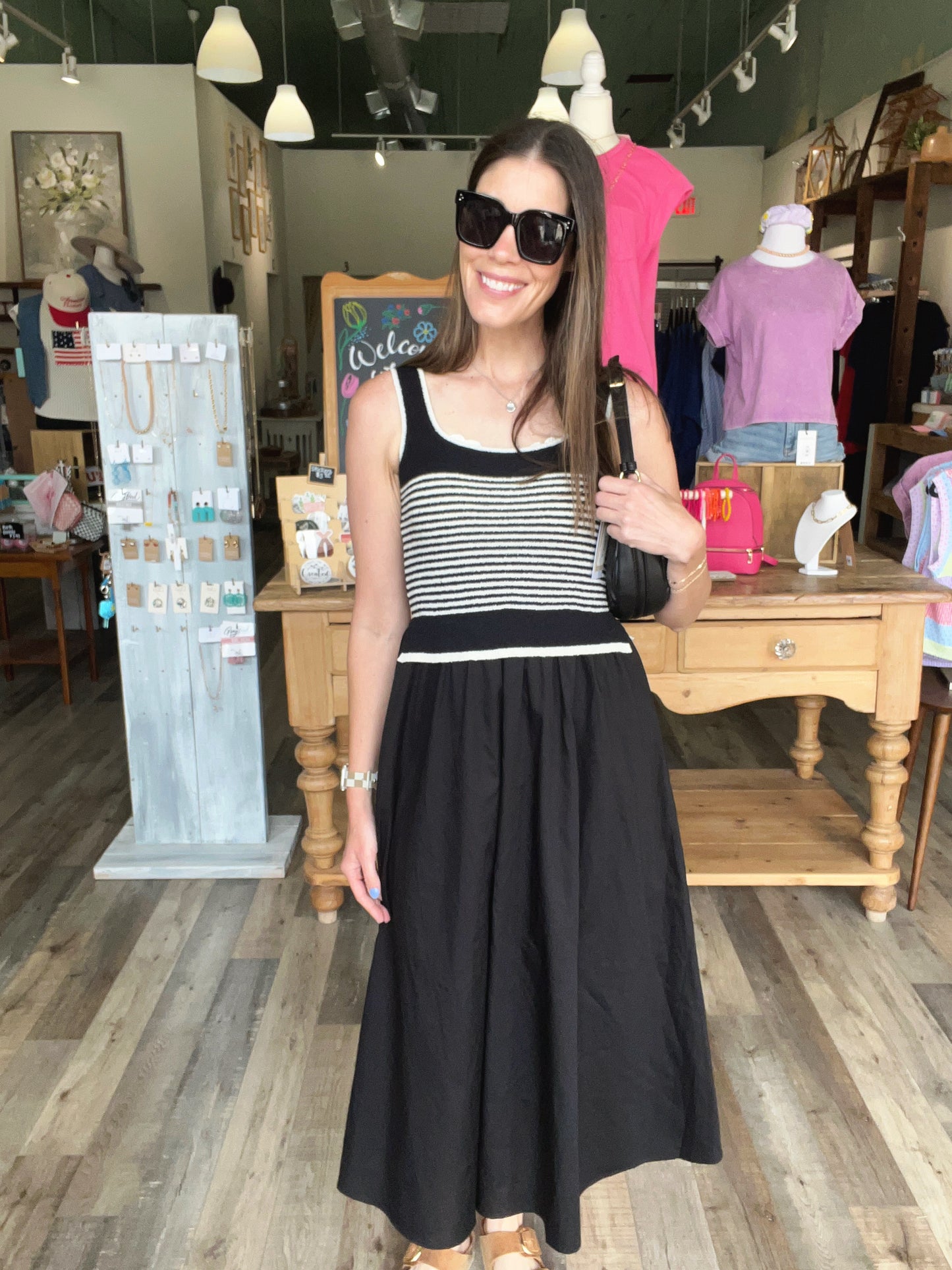 STRIPE SWEATER TANK WOVEN SKIRT MIDI DRESS